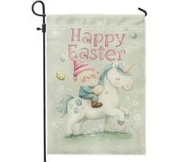 Bandiera da giardino con scritta "Happy Easter", grazioso gnomo che cavalca un cavallo magico, decorazione per esterni, bandiera primaverile stagionale per cortile, decorazione su entrambi i lati