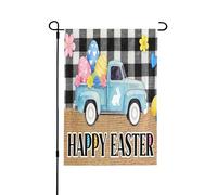 Bandiera da giardino con scritta "Happy Easter" su entrambi i lati, 71 x 101 cm, uova di Pasqua per esterni, camion a quadri, fiori, bandiere per esterni, decorazioni per cortile per tutte le stagioni