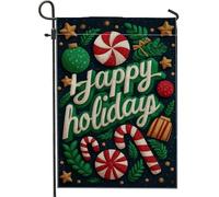 Bandiera da giardino con scritta "Happy Holidays", festiva con bastoncini di zucchero verde e rosso, decorazione per la casa, in iuta su entrambi i lati, decorazione per prato all'aperto, vacanze