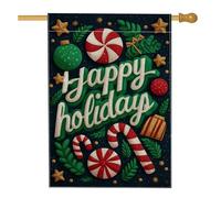 Bandiera da giardino con scritta "Happy Holidays", festiva con bastoncini di zucchero verde e rosso, decorazione per la casa, in iuta su entrambi i lati, decorazione per prato all'aperto, decorazione