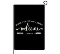 Bandiera da giardino con scritta in lingua inglese "Every Family Has A Story Welcome to Ours", resistente alle intemperie, in iuta, con scrittura, per giardino, per casa, esterni, graziosa, bandiera