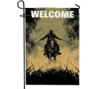Bandiera da giardino con scritta "Welcome" in grassetto stile vintage, motivo cavaliere, decorazione per la casa equestre color oro antico, bandiera su entrambi i lati, decorazione per esterni, 30,5 x