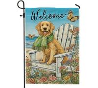 Bandiera da giardino con scritta "Welcome Spring Summer Garden Flag", Golden Retriever Dog Butterfly Home Decor Banner, bandiera in iuta su entrambi i lati, decorazione per prato all'aperto, 30,5 x