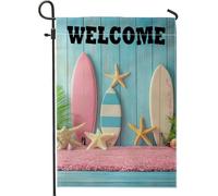 Bandiera da giardino con scritta "Welcome Summer Beach", con tavole da surf e stelle marine, bandiera decorativa per la casa, in lino su entrambi i lati, 30,5 x 45,7 cm