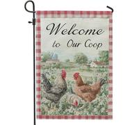 Bandiera da giardino con scritta "Welcome to Our Coop, decorazione rustica con gallo, striscione per cortile all'aperto primaverile ed estivo", bandiera decorativa in iuta su entrambi i lati
