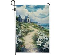 Bandiera da giardino con sentiero costiero e chiesa, paesaggio oceano blu, decorazione per la casa e il giardino, bandiera da giardino in tessuto su entrambi i lati, decorazione per esterni, 30,5 x