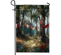 Bandiera da giardino con sentiero della foresta primaverile, tende rosse e bianche, striscione decorativo floreale per esterni, decorazione per esterni su entrambi i lati, 71 x 101 cm