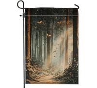 Bandiera da giardino con sentiero nella foresta, motivo farfalla blu scuro, decorazione per la casa e il cortile, decorazione stagionale per esterni per tutte le occasioni, bandiera double face