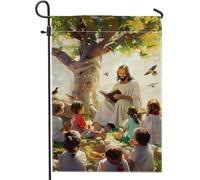 Bandiera da giardino con serenità della natura, Gesù con bambini sotto l'albero, decorazione per esterni, bandiera di benvenuto su entrambi i lati per primavera ed estate, decorazione religiosa