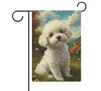 Bandiera da giardino con simpatico cane bianco sul prato per vacanze stagionali in iuta double face per casa cortile bandiere esterne 30,5 x 45,7 cm