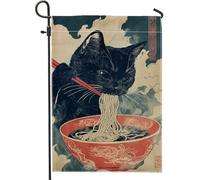 Bandiera da giardino con simpatico gatto che mangia tagliatelle, bandiera rossa in stile asiatico, decorazione per la casa e il giardino, bandiera da giardino in iuta su entrambi i lati, per
