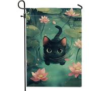 Bandiera da giardino con simpatico gatto che nuota nelle ninfee, bandiera decorativa con animali carini per la decorazione estiva all'aperto del cortile, bandiera in tessuto su entrambi i lati, 30,5 x