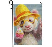 Bandiera da giardino con simpatico panda e cupcake, cappello giallo, adorabile striscione decorativo per la casa, in iuta su entrambi i lati, per feste estive, decorazione per prato all'aperto, 30,5 x