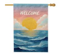 Bandiera da giardino con sole costiero e oceano, bandiera blu con alba e onde per la decorazione della casa, bandiera da giardino in iuta su entrambi i lati, decorazione per prato all'aperto, 71 x 101