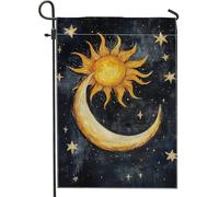 Bandiera da giardino con sole, luna celestiale fantasiosa con stelle estive gialle su entrambi i lati, bandiere decorative per esterni, patio, prato, portico anteriore, balcone, 30,5 x 45,7 cm