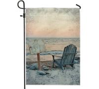 Bandiera da giardino con spiaggia e tramonto, sedia e cartello blu acqua per esterni, bandiera estiva a tema nautico per cortile, decorazione per prato, 30 x 45 cm