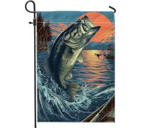Bandiera da giardino con spigola da pesca, striscione decorativo colorato al tramonto sul lago, in iuta su entrambi i lati, per esterni, per feste estive, decorazione per prato 30,5 x 45,7 cm