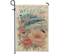 Bandiera da giardino con squalo di benvenuto, colore blu acqua, decorazione floreale per la casa, bandiera su entrambi i lati in iuta per cortile, decorazione stagionale per esterni, 30,5 x 45,7 cm