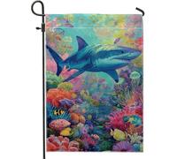 Bandiera da giardino con squalo oceano vivace, striscione decorativo con creature dell'oceano blu, bandiera decorativa su entrambi i lati, bandiera da giardino in iuta per esterni, decorazione per