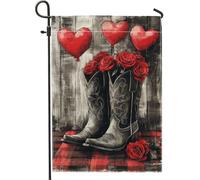 Bandiera da giardino con stivali da cowboy di San Valentino, decorazione per la casa con cuori rossi e rose, bandiera da cortile in iuta su entrambi i lati, per decorazione esterna del prato, stile