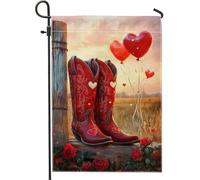 Bandiera da giardino con stivali da cowboy rossi di San Valentino, palloncino a forma di cuore, decorazione rustica per la casa da cortile, decorazione per esterni in iuta su entrambi i lati, 30,5 x