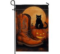Bandiera da giardino con stivali di zucca di Halloween, decorazione per esterni con gatto arancione e luna, striscione in iuta su entrambi i lati, decorazione per la casa autunnale per feste sul prato