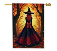 Bandiera da giardino con strega autunnale, decorazione magica nera e rossa, striscione da giardino in iuta su entrambi i lati, decorazione per prato all'aperto, festa autunnale, decorazione per la