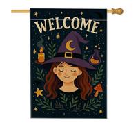 Bandiera da giardino con strega autunnale di Halloween, candela viola luna stella candela fungo pozione design decorazione per la casa, striscione a doppia faccia in iuta all'aperto prato festa