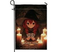 Bandiera da giardino con strega autunnale di Halloween, ragazza dai capelli rossi con candele, striscione decorativo per la casa, decorazione per prato esterno in iuta su entrambi i lati, 30,5 x 45,7