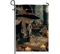 Bandiera da giardino con strega autunnale di Halloween, scrittore incantato oscuro, decorazione per la casa e il giardino, bandiera da giardino in iuta su entrambi i lati, per feste e feste