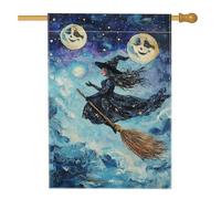 Bandiera da giardino con strega di Halloween, bandiera blu per le vacanze della notte stellata, bandiera da giardino in iuta su entrambi i lati, decorazione per esterni, decorazione per feste