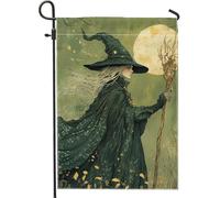 Bandiera da giardino con strega di Halloween, con albero di luna verde, per vacanze all'aperto, decorazione per la casa fantasy su entrambi i lati, decorazione per cortile per l'autunno, 30,5 x 45,7