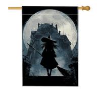 Bandiera da giardino con strega di Halloween, con profilo nero e manico di scopa per la decorazione della casa, bandiera da cortile in iuta su entrambi i lati, per decorazione esterna del prato, 71 x