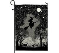Bandiera da giardino con strega di Halloween, decorazione nera con manico di scopa, bandiera da cortile in iuta su entrambi i lati, per la decorazione della casa esterna, striscione stagionale