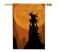 Bandiera da giardino con strega di Halloween, decorazione per esterni con silhouette di luna arancione, striscione in iuta su entrambi i lati per la decorazione del prato delle vacanze, 71 x 101 cm