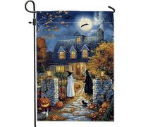 Bandiera da giardino con strega di Halloween, decorazione spettrale nera bianca per l'autunno, bandiera da cortile in poliestere su entrambi i lati, decorazione per prato all'aperto, decorazione per