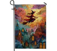 Bandiera da giardino con strega di Halloween, striscione decorativo per la casa con strega volante rossa, decorazione per prato all'aperto su entrambi i lati, decorazione per feste autunnali