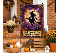 Bandiera da giardino con strega, fantasiosa, in vetro colorato, con scopa luna, Halloween, viola, double face, bandiere decorative per esterni, patio, prato, portico, ingresso, campeggio, 30,5 x 45,7
