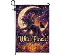 Bandiera da giardino con strega, fantasiosa luna crescente gatto Halloween viola su entrambi i lati piccola bandiera da giardino per patio esterno prato portico balcone 30,5 x 45,7 cm