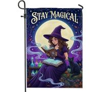 Bandiera da giardino con strega, fantasioso libro lunare fantasioso viola viola su entrambi i lati bandiere decorative per esterni per patio, prato, portico, ingresso campeggio, 30,5 x 45,7 cm