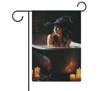 Bandiera da giardino con strega in una vecchia vasca da bagno, in iuta su entrambi i lati, 30,5 x 45,7 cm