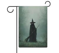Bandiera da giardino con strega nel bosco con scopa, fantasia scura, per vacanze stagionali, in iuta su entrambi i lati, 30,5 x 45,7 cm
