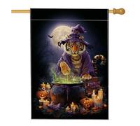 Bandiera da giardino con strega tigre di Halloween, striscione decorativo magico viola, bandiera da cortile in iuta su entrambi i lati, per decorazione esterna del prato, 71 x 101 cm