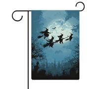 Bandiera da giardino con streghe che volano su scopa con luna piena e bandiera da giardino stagionale in iuta double face per casa cortile bandiere esterne 30,5 x 45,7 cm