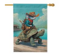 Bandiera da giardino con tartaruga che cavalca un topo, decorazione per esterni con personaggio animale blu, striscione da cortile in iuta su entrambi i lati, per decorazioni estive per feste estive