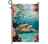 Bandiera da giardino con tartaruga marina tropicale, decorazione subacquea colorata oceanica, striscione su entrambi i lati per decorazione estiva all'aperto, bandiera per prato a tema spiaggia, 30,5