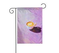 Bandiera da giardino con tazza di caffè su sfondo viola pastello, 30 x 45 cm, verticale, double face, decorazione per casa colonica, vacanze, esterni, bandiera da cortile
