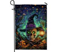 Bandiera da giardino con teschio, cappello da strega mistica, lanterna per Halloween, verde, double face, bandiere decorative per esterni, patio, prato, portico, ingresso, campeggio, 30,5 x 45,7 cm