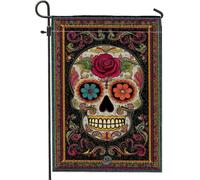 Bandiera da giardino con teschio del giorno dei morti, striscione decorativo floreale colorato per la casa, bandiera da cortile in iuta su entrambi i lati, per decorazione esterna del prato, 30,5 x