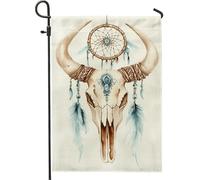 Bandiera da giardino con teschio di bufalo in stile bohémien, decorazione tribale beige per autunno all'aperto, decorazione per prato, bandiera su entrambi i lati, 30,5 x 45,7 cm